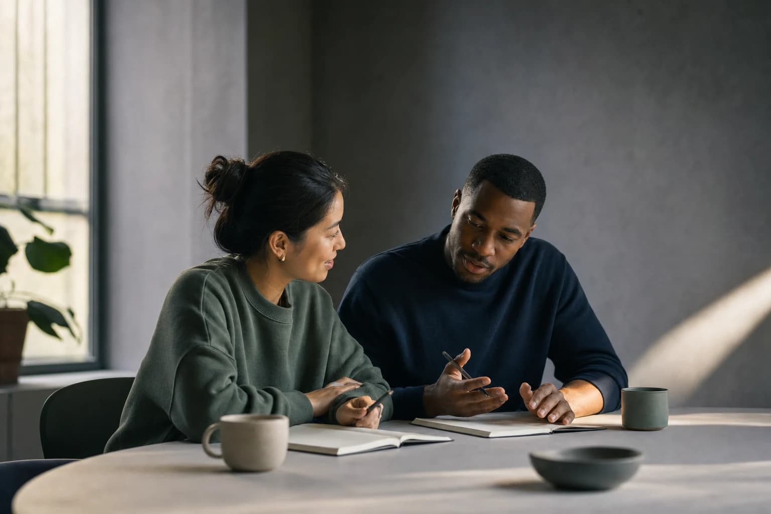 Two founders listening and taking notes together at a table