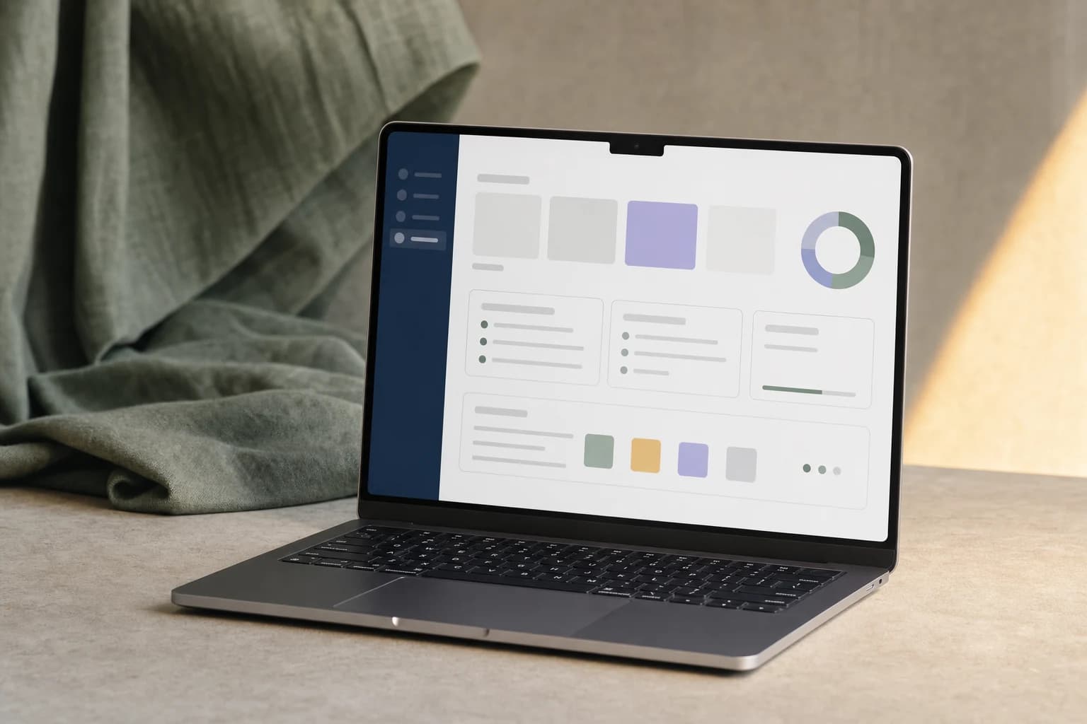 Laptop on a stone desk showing a quiet founder planning interface